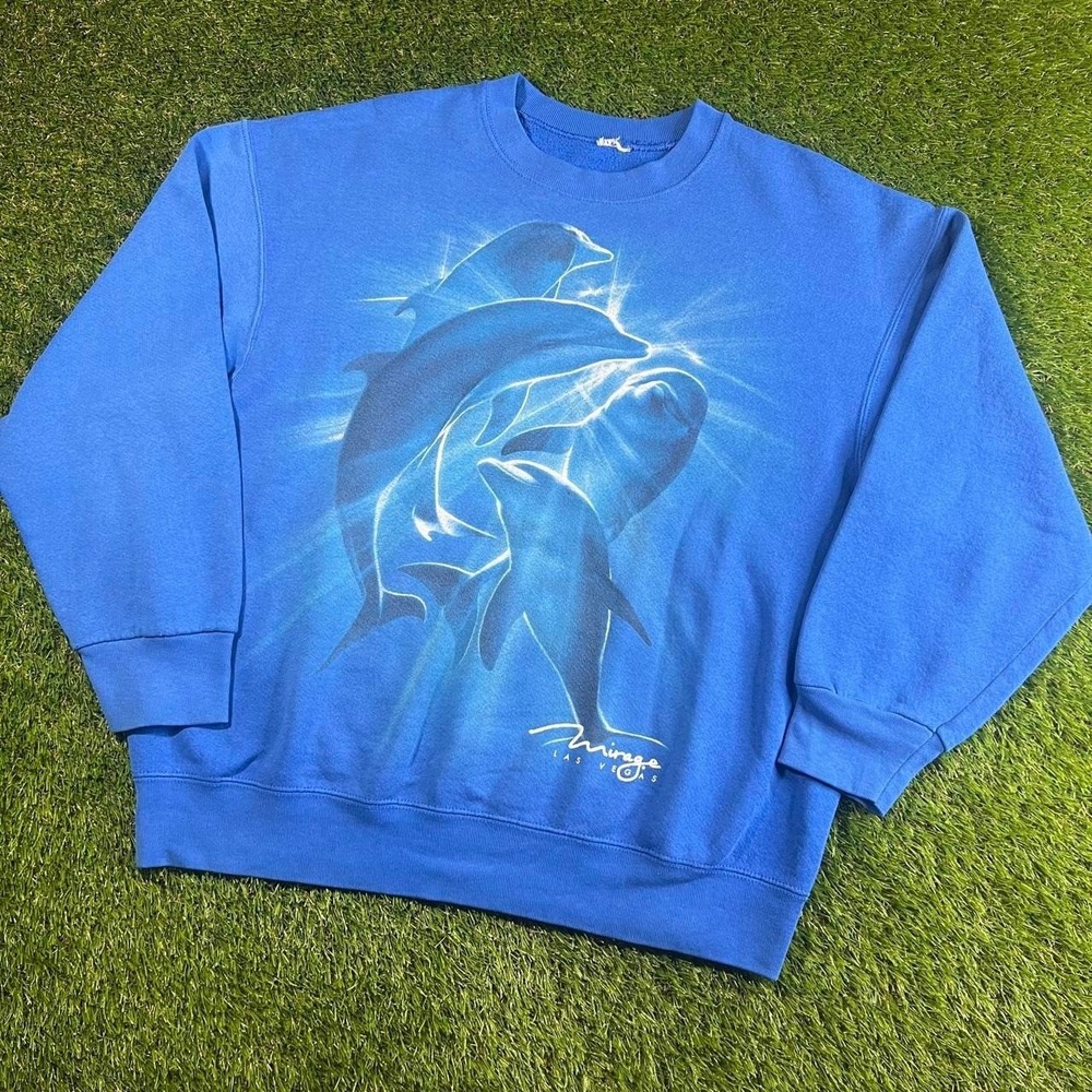 VTG Mirage Las Vegas Dolphin Crewneck Sweatshirt Blue Graphic USA Large L